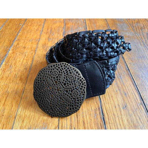 LUCKY BRAND Black Weave Leather Belt w/Boho Buckle sz XS/S - Picture 4 of 9